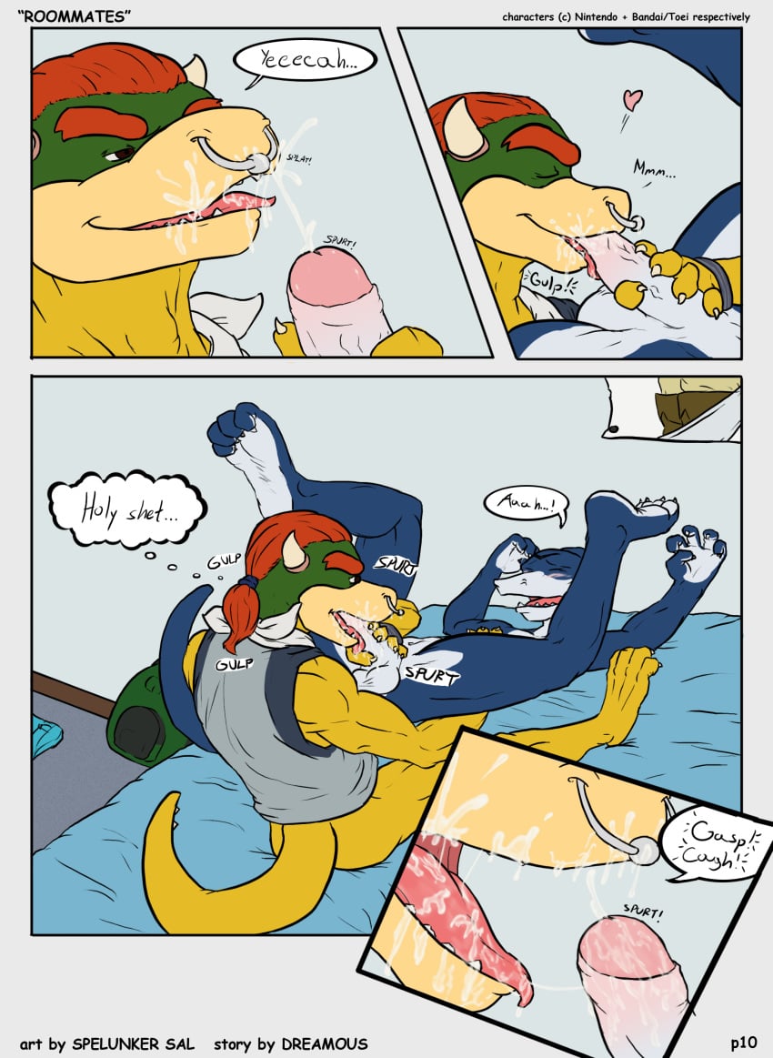 anthro anus balls bandai biceps blush bowser_koopa_junior_(roommates) close-up comic couple cum cum_in_mouth cum_inside cumshot digimon dreamous_(writer) duo english_text fellatio flamedramon furry furry_only gay giancarlo_rosato hi_res horn koopa male male/male male_only mario_(series) muscles nintendo nude oral orgasm paws penis piercing raised_tail roommates_(comic) scalie sex simple_background spelunker_sal text tongue yaoi