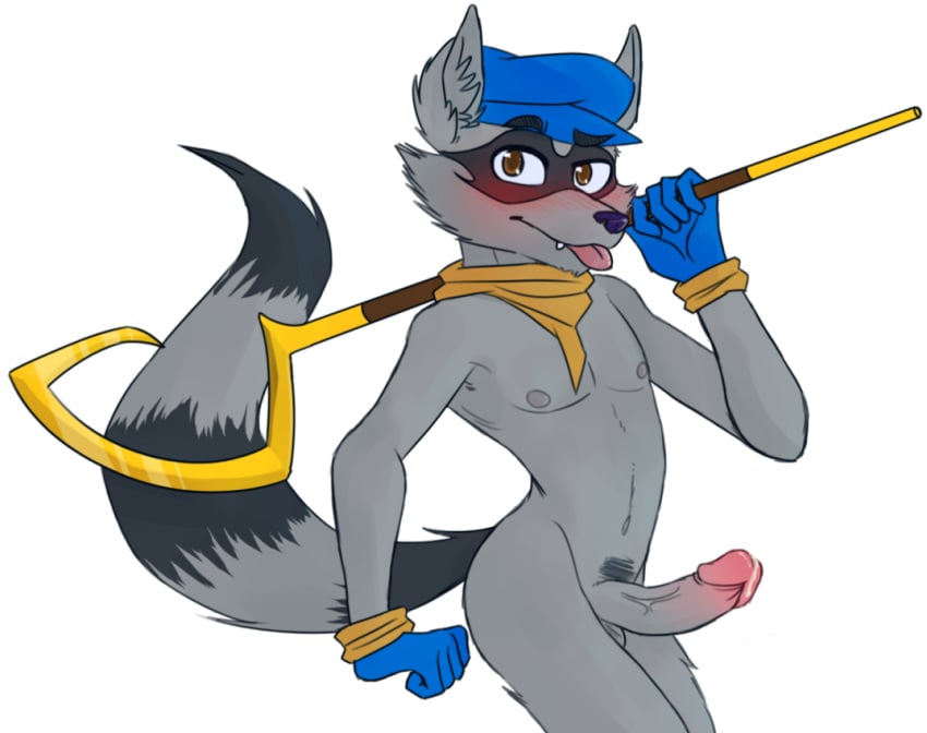 1boy anthro blush cum looking_at_viewer maddogfan male male_only mammal nipples penis presenting raccoon sly_cooper sly_cooper_(series) smooth_fur solo tongue tongue_out