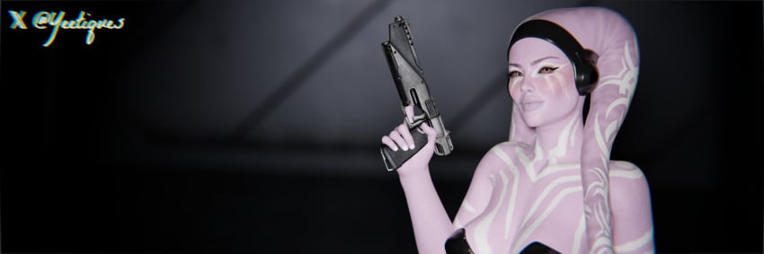 1girls 2026 3d 3d_(artwork) alien alien_girl artist_name blaster_(star_wars) body_markings cleavage female female_only gun looking_at_viewer lyra_(twilekbootyy) non-human non-human_only pink-skinned_female pink_eyes pink_skin sfw solo solo_female star_wars twilek upper_body upper_body_only weapon white_tattoo yeetiques