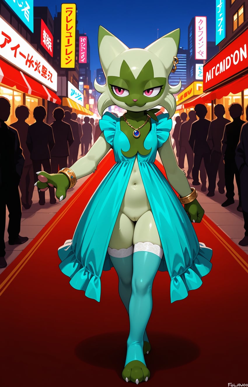 1girls 2026 ai_generated anthro bracelet city crowd digitigrade dress ear_piercing fancy_clothing female female_only floragato generation_9_pokemon gold_jewelry green_fur half-closed_eyes hi_res innie_pussy jewelry necklace night nintendo no_panties pink_eyes pokemon pokemon_(species) pussy red_carpet smile thighhighs walking zonoya_(artist)