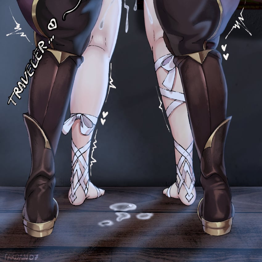 1boy 1girl absurd_res aether_(genshin_impact) barefoot behind_view boots columbina_(genshin_impact) cum_inside cumming cumming_while_penetrating enjoying female foot_focus from_behind from_behind_position genshin_impact implied_penetration implied_sex implied_sex_from_between_legs moonlight night semen semen_on_floor stripes tagme tardan07 text white_stripes