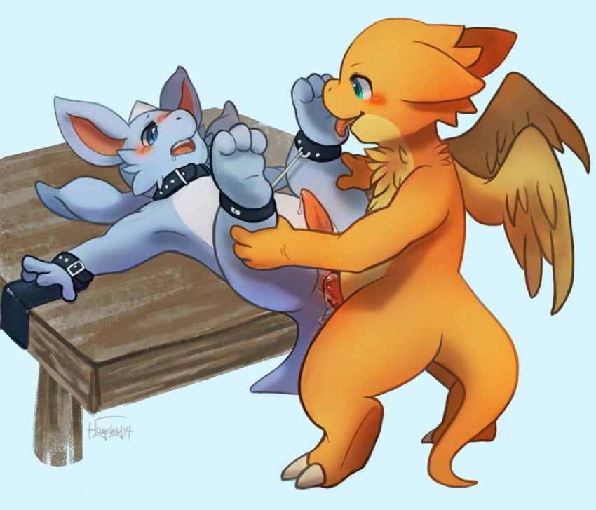 bondage bound collar dragon drooling duo erection foot_fetish foot_lick haychel male male_only multiple_males penis plain_background precum saliva scalie table white_background wings yaoi