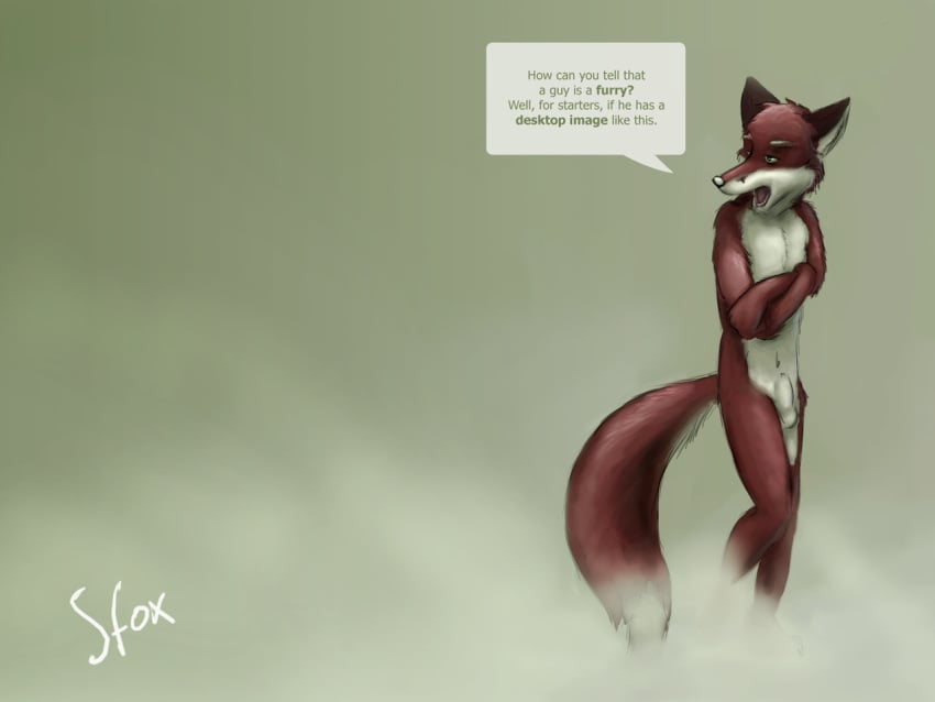 1boy anthro balls canine english_text fog fox looking_away male male_only mammal sfox sheath solo text the_truth