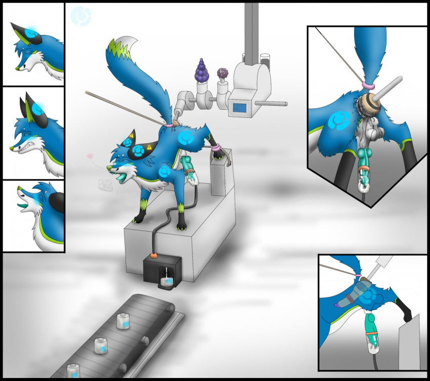 1boy all_fours anal anal_sex animal_genitalia blush bondage bound canine canine_penis close-up closed_eyes conveyor_belt cum dildo erection fangs feral fox fucking_machine furry glowing heart internal knot lube machine male mammal markings mechanical milking_machine penetration penis penis_milking raised_tail semen_collecting_machine sex_machine sex_toy sirfox solo srfx18 teeth testicles text tongue