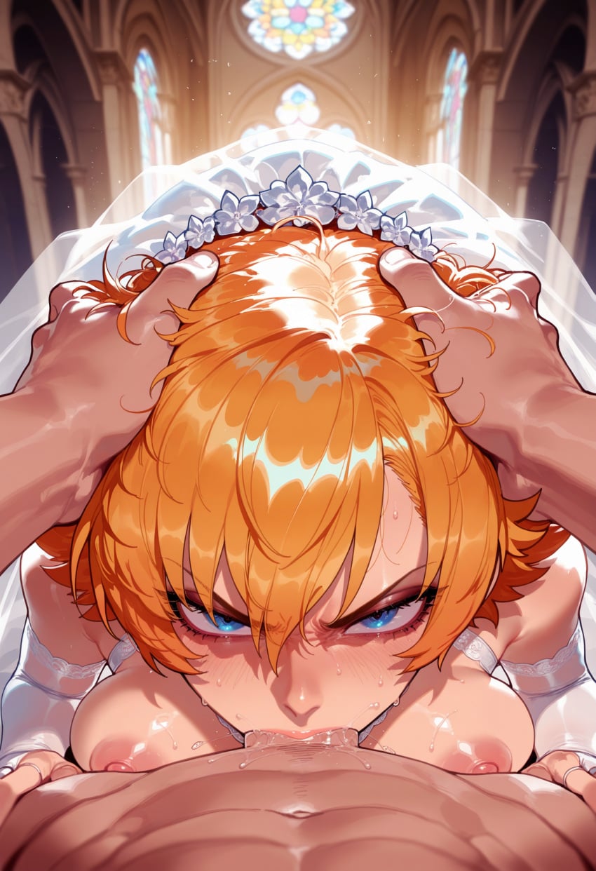 1boy 1girls ai_generated angry balecxi blue_eyes blurry_background blush breasts breasts_out bridal_gauntlets bridal_veil bride church clothed_female_nude_male clothing curvaceous curvaceous_female curvaceous_figure curvy curvy_figure deepthroat dress elbow_gloves fellatio female female_focus glaring gloves hair_between_eyes hands_on_another's_head head_grab headdress igawa_sakura indoors irrumatio large_breasts looking_at_viewer male navel nipples oral orange_hair penis pov_crotch rape ring saliva scowl short_hair solo_focus straight sweat taimanin_(series) taimanin_asagi taimanin_asagi_battle_arena tearing_up tears uncensored veil veins voluptuous voluptuous_female wedding_dress white_dress white_gloves