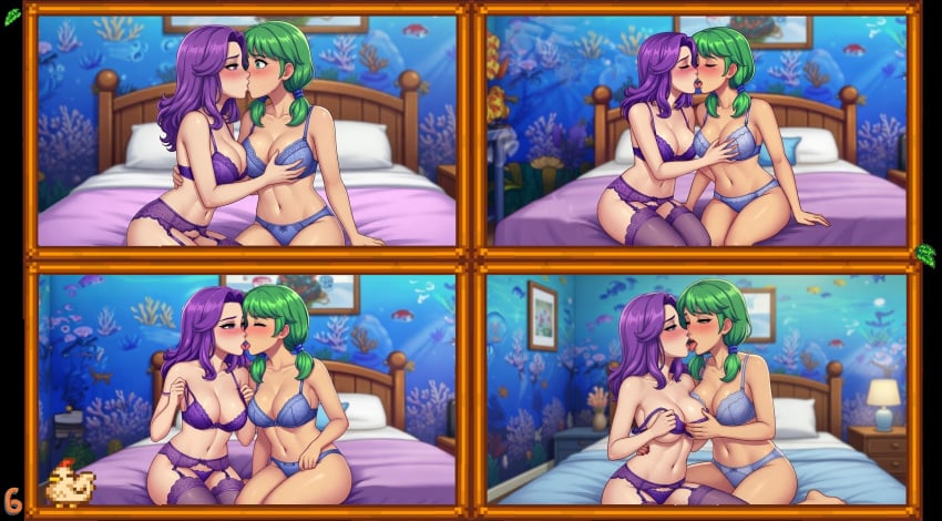 abigail_(stardew_valley) ai_generated aroused aroused_face bed bedroom bedroom_eyes blue_bra blue_panties blush bra caroline_(stardew_valley) comic comic_page comic_panel daughter embarrassed green_eyes green_hair incest kissing lingerie mother mother_and_daughter nervous no_dialogue older_woman_and_younger_girl panels panties picture_frame purple_eyes purple_hair purple_lingerie removing_bra removing_clothing sitting_on_bed stardew_valley staring_at_breasts stockings tongue tongue_kiss tongue_out touching_another touching_breast undressing yuri