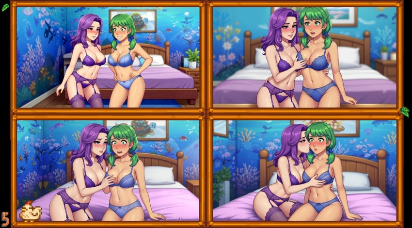 abigail_(stardew_valley) about_to_kiss ai_generated aroused aroused_face bed bedroom blue_bra blue_panties blush bra caroline_(stardew_valley) comic comic_page comic_panel daughter embarrassed green_eyes green_hair incest kissing_cheek lingerie mother mother_and_daughter nervous no_dialogue older_woman_and_younger_girl panels panties picture_frame purple_eyes purple_hair purple_lingerie sitting_on_bed stardew_valley staring_at_breasts stockings touching_another touching_breast yuri