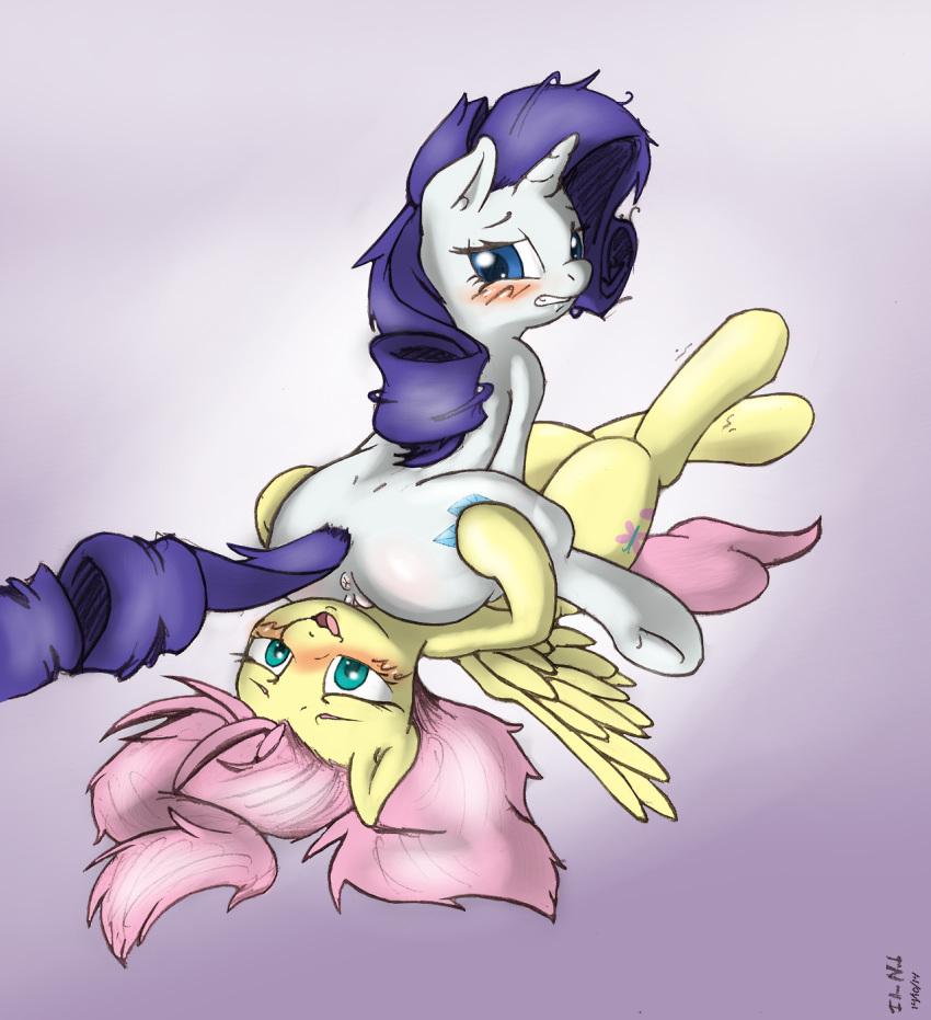 2014 anus ass blue_eyes blush cutie_mark duo equine female feral fluttershy_(mlp) friendship_is_magic fur hair hooves horn i_am_nude long_hair mammal my_little_pony pegasus pink_hair purple_hair pussy rarity_(mlp) unicorn white_fur wings yellow_fur yuri