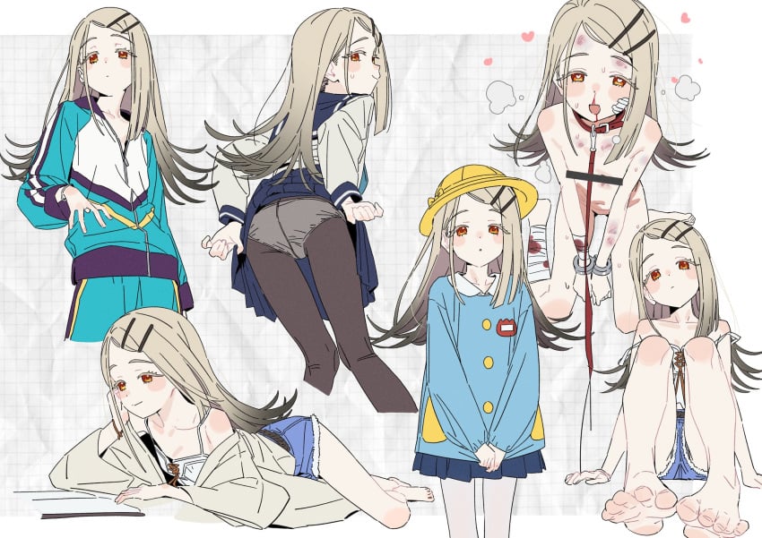 ass bandages bare_shoulders barefoot black_pantyhose blonde_hair blood breasts bruise camisole colored_eyelashes denim denim_shorts facing_away gakuen_idolmaster gradient_hair gym_shorts gym_uniform hair_ornament hairclip hashtag-only_commentary hat heart heart-shaped_pupils highres idolmaster injury kindergarten_uniform long_sleeves looking_at_object looking_at_viewer multicolored_hair multiple_views nosebleed nude open_mouth panties pantyhose paper_texture parted_lips pleated_skirt presenting presenting_ass robe ryuuforkaf school_hat school_uniform shinosawa_hiro shorts skirt small_breasts swept_bangs symbol-shaped_pupils thighs toes underwear white_camisole white_robe