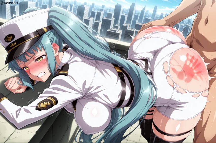 ai_generated bent_over breasts clenched_teeth doggy_style eyes_rolling_back female hi_res highres koinaart nikke patreon penetration perky_breasts privaty_(nikke) sex stable_diffusion thick_thighs torn_clothes torn_clothing twintails