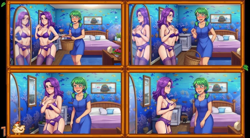 abigail_(stardew_valley) ai_generated aroused aroused_face bed bedroom blue_dress blush bra caroline_(stardew_valley) caught_by_mother caught_off_guard comic comic_page comic_panel covering_breasts daughter embarrassed green_eyes green_hair incest laundry_basket lingerie mother mother_and_daughter nervous no_dialogue older_woman_and_younger_girl panels picture_frame purple_eyes purple_hair purple_lingerie stardew_valley stockings yuri