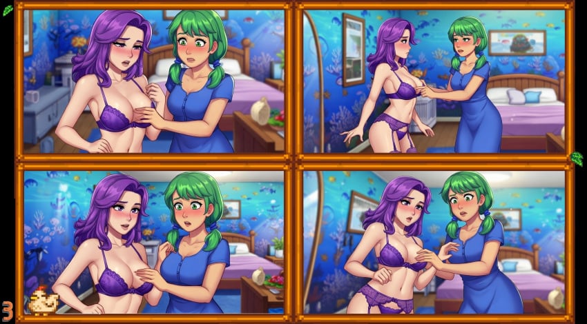 abigail_(stardew_valley) ai_generated aroused aroused_face bed bedroom bedroom_eyes blue_dress blush bra caroline_(stardew_valley) comic comic_page comic_panel daughter embarrassed green_eyes green_hair incest lingerie mirror mother mother_and_daughter nervous no_dialogue older_woman_and_younger_girl panels picture_frame purple_eyes purple_hair purple_lingerie reaching_towards_another stardew_valley staring_at_breasts stockings touching_another touching_breast yuri
