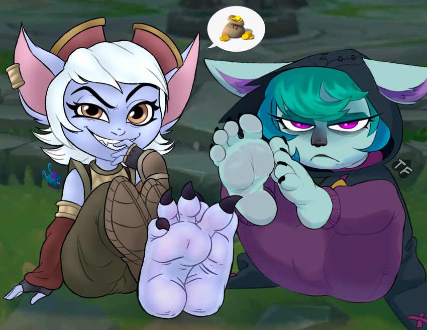 2girls claws foot_fetish furry league_of_legends soles teal_hair toes_spread tristana twisted_furby vex_(league_of_legends) white_hair yordle