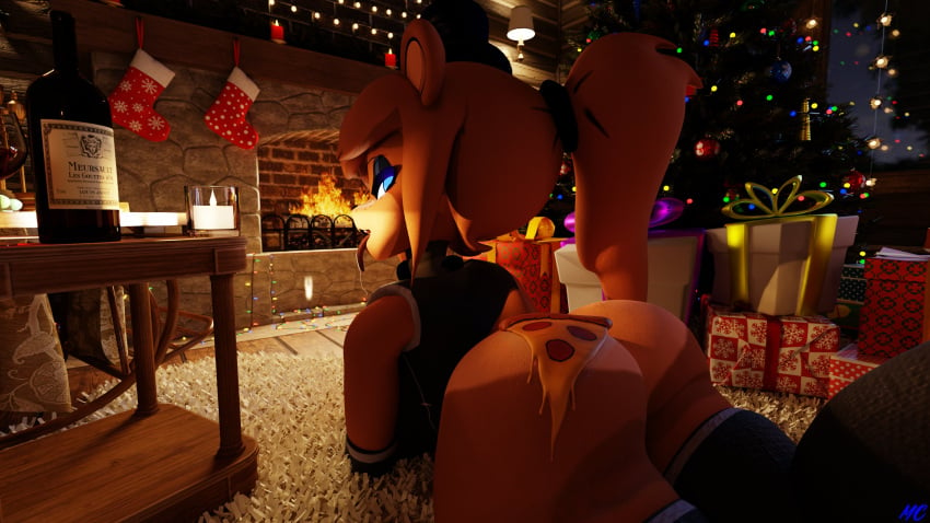 1girls christmas christmas_tree female female_only five_nights_at_freddy's freddy_(fnaf) fredina's_nightclub fredina_(cally3d) frenni_(cryptia) frenni_fazclaire looking_back magiccorpo27481 pizza pizza_on_ass tagme