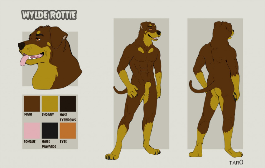 1boy 2014 abs anthro balls brown_fur canine claws fur male male_only mammal model_sheet muscles nude rottweiler sheath smile solo tar0 text tongue tongue_out wylde_rottie wylderottie