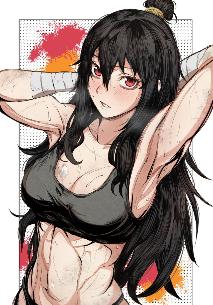 1girls abs armpits big_breasts black_hair blush cleavage female female_focus female_only hair_bun library_of_ruina long_hair looking_at_viewer looking_up muscular muscular_female project_moon red_eyes sports_bra sportswear sweat tied_hair xiao_(library_of_ruina)