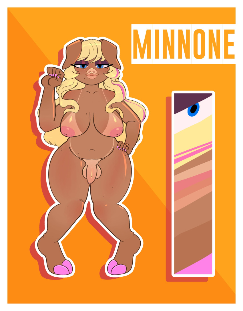absurd_res anthro bakedalisu big_breasts blonde_hair breasts eyelashes female flaccid futanari genitals gynomorph hair hand_on_hip hi_res hooves humanoid intersex lips long_hair mammal model_sheet penis solo suid suina suntan tan_body tan_line thick_thighs wide_hips