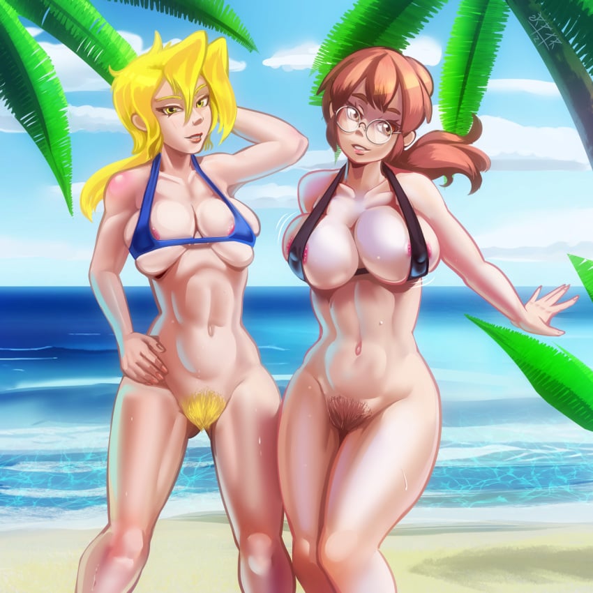 2girls beach big_breasts bikini blonde_hair bottomless_female eri_kasamoto fio_germi glasses metal_slug multiple_girls pantyless pubic_hair red_hair rptrz sea summer