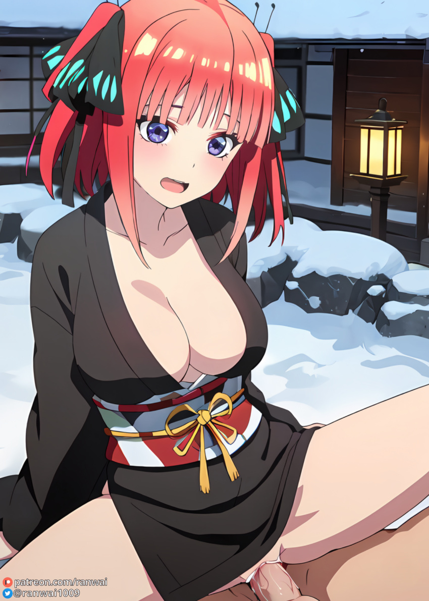 ai_generated anime blue_eyes cowgirl_position go-toubun_no_hanayome kimono large_breasts nakano_nino quintuplets ranwai red_eyes sex stable_diffusion vaginal_penetration vaginal_sex