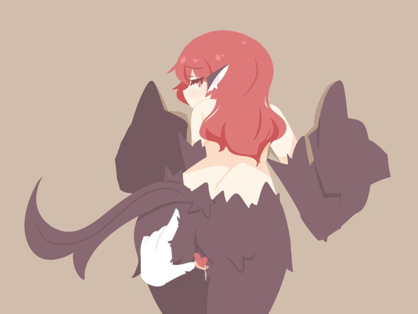 animal_ears ass_grab big_o_pants bird_ears bird_legs bird_tail black_feathers black_wings brown_background censored disembodied_hand feathers female fio-chan_(big_o_pants) harpy heart heart_censor highres long_hair looking_at_viewer looking_back monster_girl nude original pov pussy pussy_juice red_eyes red_hair simple_background tail winged_arms wings