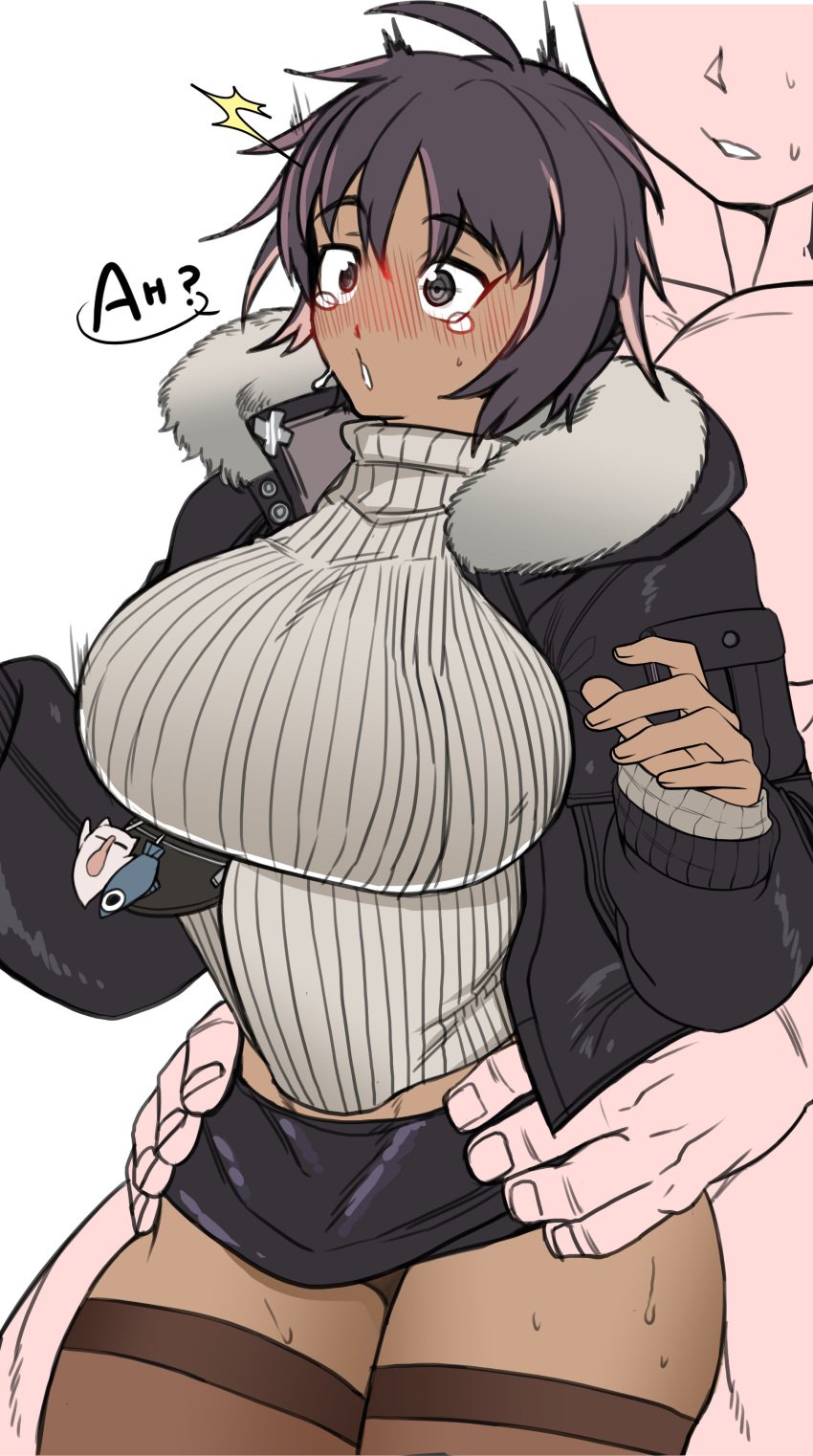 1boy 1girls alternate_costume black_skirt blush blush_lines bon_(bon73p) bon_(vtuber) clothed_sex eyes_wide_open faceless_male female fur_trim grabbing_from_behind grabbing_waist implied_sex indie_virtual_youtuber male massive_breasts open_mouth short_skirt skirt skirt_up standing_sex sudden_insertion surprised thick_ass thick_thighs thighhighs thighs tomboy turtleneck virtual_youtuber wholesome