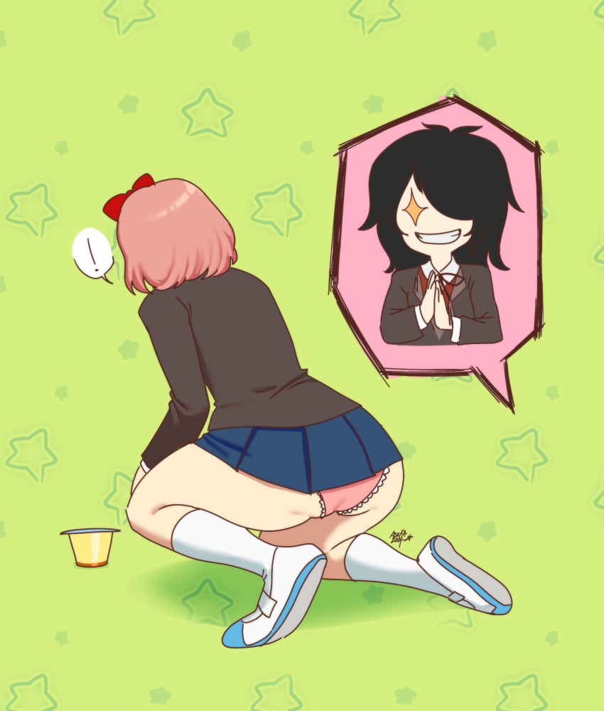 2girls ass asuka2400 black_hair doki_doki_literature_club evil_smile kuroki_tomoko panties pink_hair sayori_(doki_doki_literature_club) school_uniform watashi_ga_motenai_no_wa_dou_kangaetemo_omaera_ga_warui!