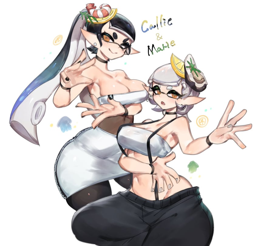 2024 2d 2d_(artwork) 2girls ass bangs bare_belly bare_shoulders bare_stomach belly belly_button big_ass big_breasts big_butt black_choker black_hair black_nail_polish black_nails blue_hair bracelet bracelets breasts butt callie_(splatoon) callie_(summer_nights) choker cleavage clothed clothed_female clothing colored curvaceous curvy curvy_body curvy_female curvy_figure ear_piercing fantasy female full_color hair_ornament hips inkling large_ass large_breasts large_butt light-skinned_female light_skin long_hair looking_at_viewer marie_(splatoon) marie_(summer_nights) mole mole_under_eye multicolored_hair nail nail_polish nails nintendo orange_eyes pants pointy_ears pose posing short_hair skirt smile smiling smiling_at_viewer splatfest splatoon splatoon_(series) splatoon_2 splatoon_3 squid_girl squid_humanoid squid_sisters stockings stomach summer_nights_splatfest tentacle tentacle_hair thick_thighs thighhighs thighs toge77789 togetoge tubetop video_game video_game_character video_game_franchise video_games voluptuous voluptuous_female white_hair white_nail_polish white_nails