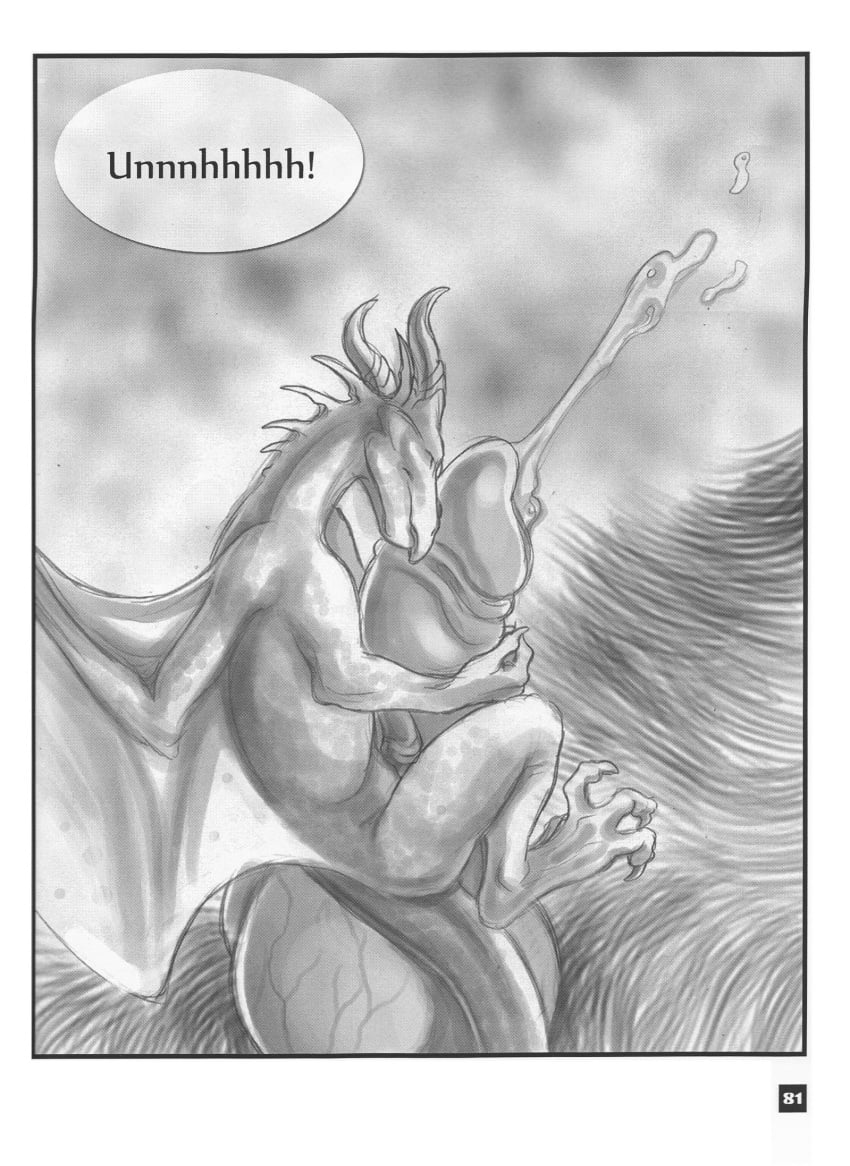 2010 anthro anthro_on_feral canine claws closed_eyes comic cum dialogue dragon duo erection feral fur furry greyscale horn hug interspecies knot male male_only mammal monochrome multiple_males orgasm penis rukis scalie size_difference sketch text vein wings wolf yaoi zoophilia