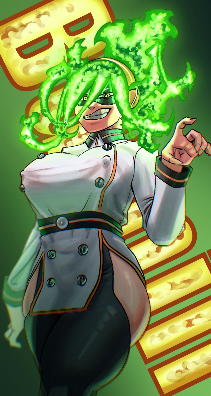 big_breasts breasts burnin_(my_hero_academia) fire garter_straps green_hair incinerated_art looking_at_viewer moe_kamiji my_hero_academia thick_thighs thigh_highs thighhighs thighs yellow_eyes