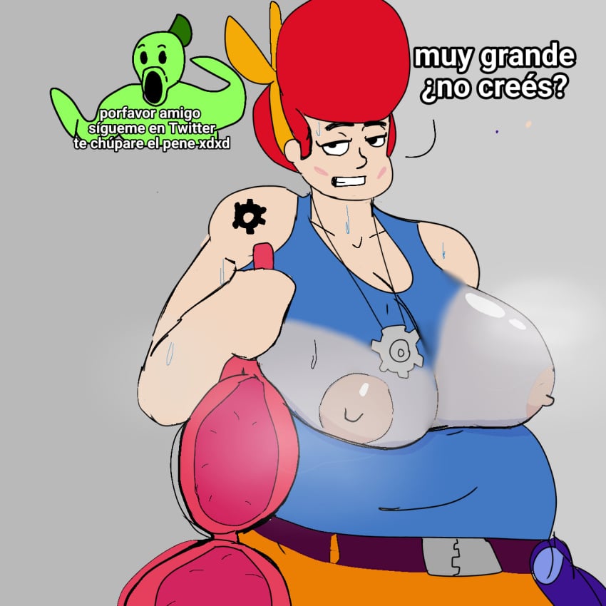 big_breasts bra brawl_stars breasts chubby chubby_female fat meme nipples_visible_through_clothing pam_(brawl_stars) peashooter_(pvz) spanish_dialogue spanish_text tagme twitter