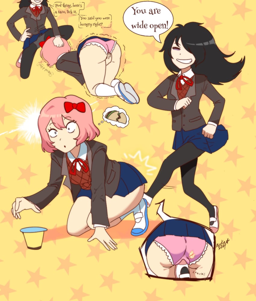 2girls ass asuka2400 black_hair broken_taco cameltoe crotch_kick cunt_punt cuntbusting doki_doki_literature_club femdom genital_torture groin_attack groin_kick kuroki_tomoko low_blow multiple_girls pain panties punk_hair sayori_(doki_doki_literature_club) school_uniform shaking taco torture watashi_ga_motenai_no_wa_dou_kangaetemo_omaera_ga_warui! yuri