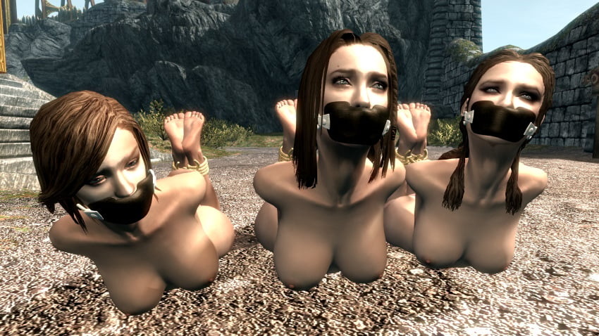 3d 3girls bdsm bdsm_gear bondage brown_hair gag gagged hogtie imperial m7seven mod multiple_girls nord nude nude_female skyrim