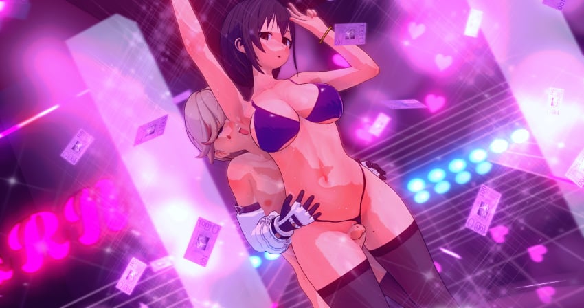 arm_up armpit_licking embarrassed femboy femboy_on_female femboydom femsub genshin_impact gyaru imminent_sex kasumi_haruno_(netosis) koikatsu lyney_(genshin_impact) small_dom_big_sub tongue_out