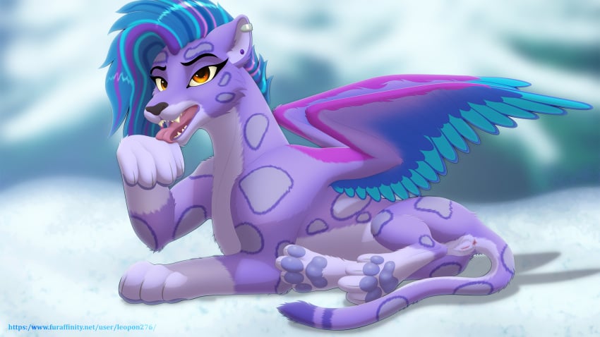 16:9 2024 allura_(mlp) amber_eyes anus blue_hair claws digital_media_(artwork) ear_piercing fangs feet felid female feral foot_fetish foot_lick foot_play fur genitals hair hasbro helix_piercing hi_res leg_markings leopon276 licking looking_at_viewer lying_on_ground mammal markings mlp_g5 multicolored_hair my_little_pony pantherine pawpads piercing purple_body purple_fur purple_tail pussy sharp_teeth snow_leopard socks_(marking) solo tail teeth text tongue tongue_out underpaw url widescreen wings