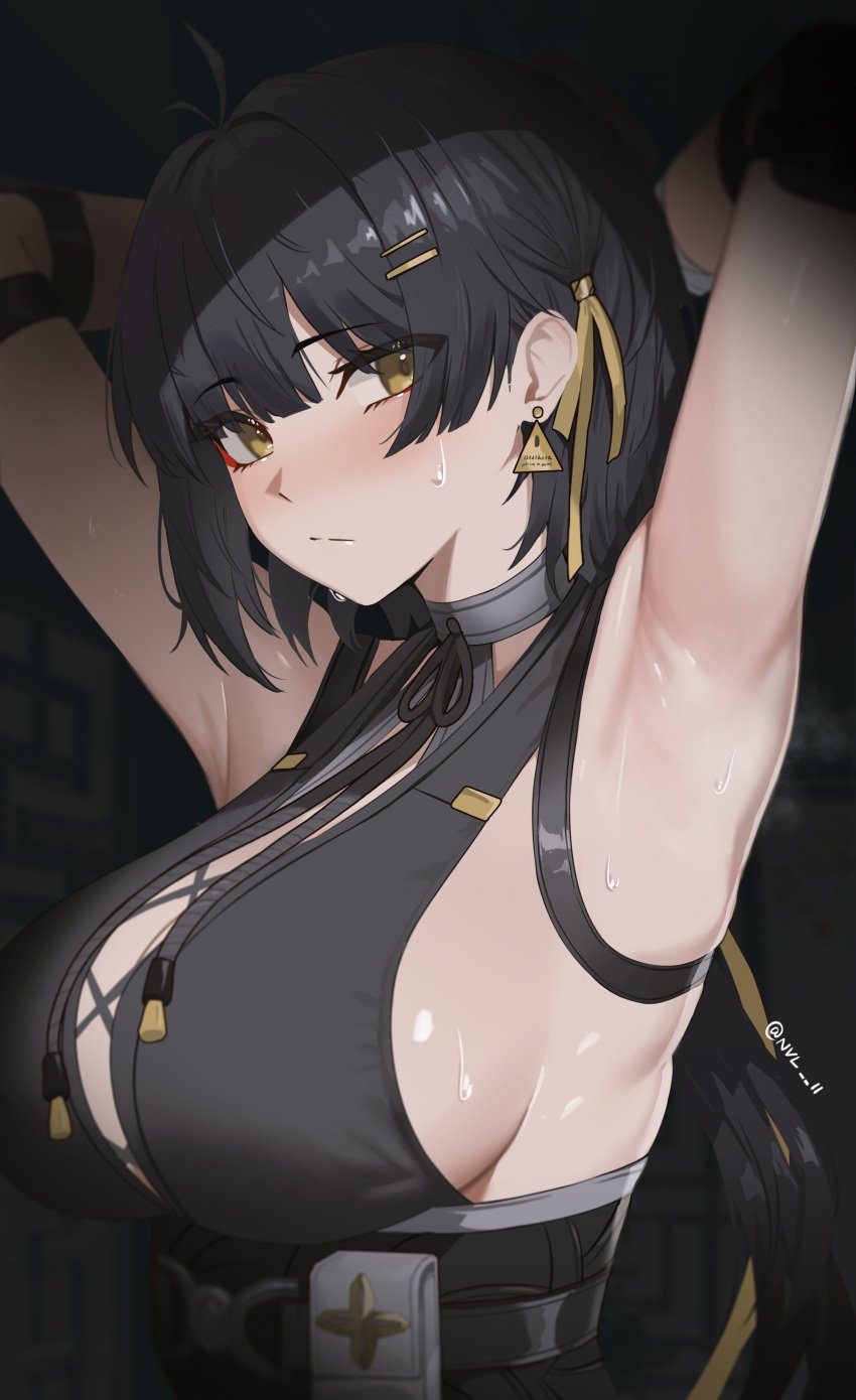 1girls armpit armpits arms_behind_head arms_up black_hair earrings female female_focus female_only female_rover_(wuthering_waves) hands_behind_head hands_up huge_breasts light-skinned_female light_skin long_hair looking_at_viewer nvl rover_(wuthering_waves) sideboob sweat sweatdrop sweating sweaty tagme wuthering_waves yellow_eyes