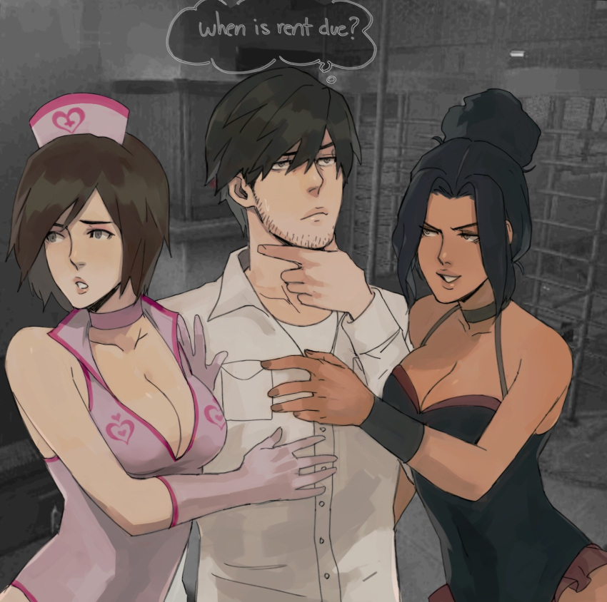 1boy 2girls big_breasts black_hair brown_hair choker cleavage cynthia_velasquez eileen_galvin english_text female hair_bun henry_townshend male medium_breasts nurse nurse_cap nurse_uniform oblivious official_alternate_costume short_hair silent_hill silent_hill_4 tan_skin thought_bubble tirtyturtle upper_body