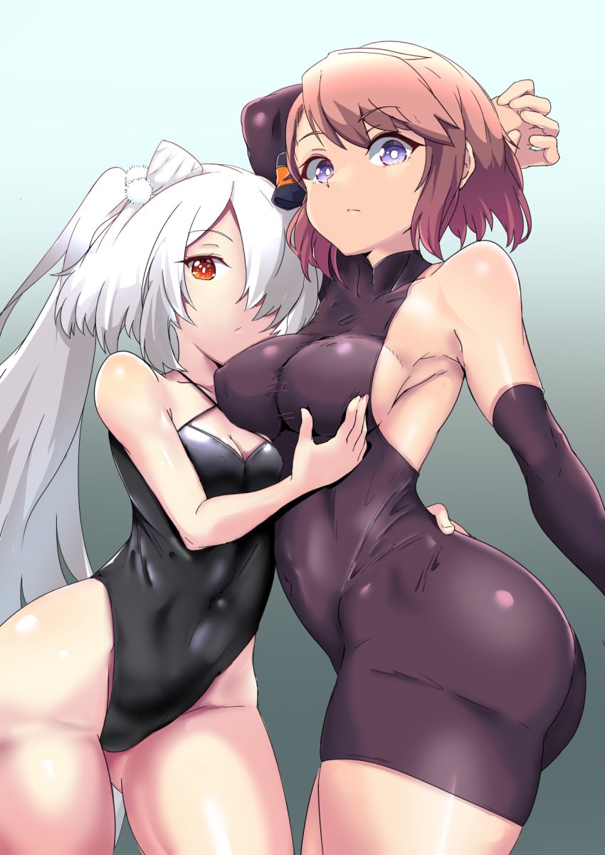 2girls armpit ass azur_lane belly_button belly_button_visible_through_clothing big_breasts breasts detached_sleeves duo edoara eyebrows_visible_through_hair female female_only hair_over_one_eye iron_blood_(azur_lane) kiev_(azur_lane) leotard light-skinned_female light_brown_hair light_skin looking_at_viewer multiple_girls northern_parliament_(azur_lane) one-piece_swimsuit one_eye_obstructed orange_eye purple_eyes swimsuit white_hair z23_(azur_lane)