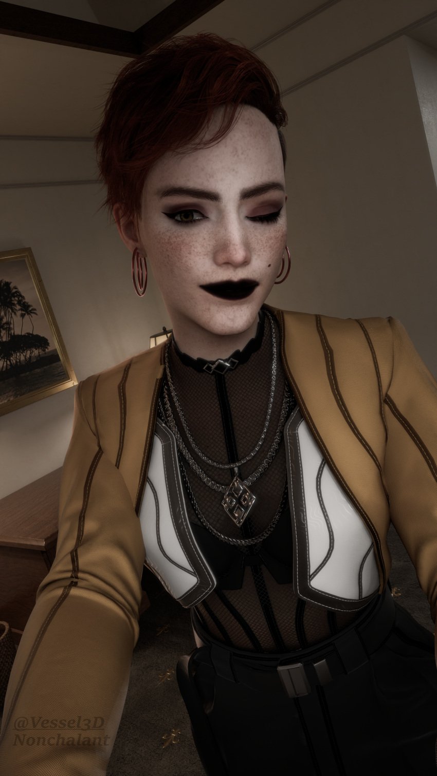 3d aurore_cassel cyberpunk_2077 cyberpunk_2077:_phantom_liberty french_female fully_clothed red_hair selfie selfie_pose solo_female vessel3d winking winking_at_viewer