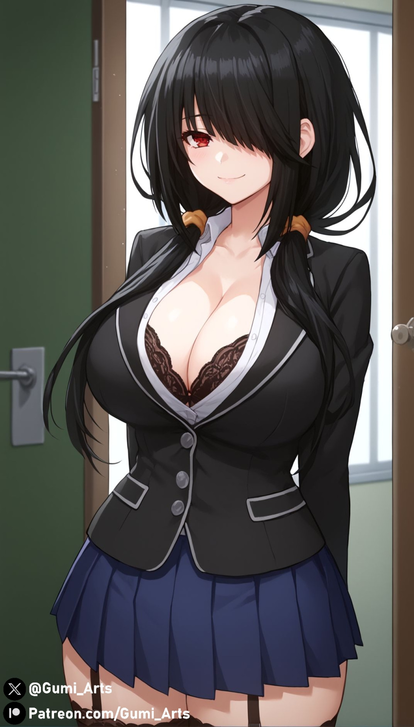 ai_generated alternate_breast_size black_hair bra cleavage date_a_live gumi_arts hair_over_one_eye huge_breasts indoors looking_at_viewer raizen_high_school_uniform red_eyes school_uniform skirt smile stable_diffusion thick_thighs tokisaki_kurumi