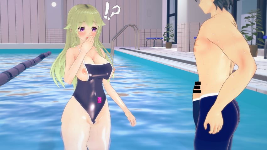 1boy 1girls 3d big_breasts big_penis busty covered_navel covering_mouth eiyuu_densetsu erection green_hair large_breasts legs long_hair musse_egret nipple_slip nipples one-piece_swimsuit open_mouth penis penis_awe pointless_censoring pool rean_schwarzer shorts surprised swimsuit thighs trails_of_cold_steel voluptuous water wet