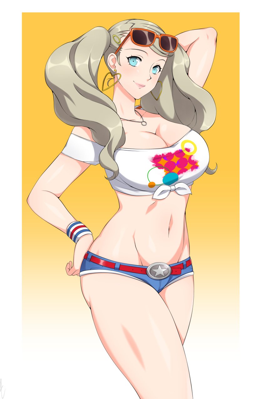 1girls ann_takamaki belt blonde_hair blue_eyes blue_shorts breasts busty busty_female clothing earrings female heart_earrings huge_breasts large_breasts lindaroze long_hair looking_at_viewer necklace persona persona_5 persona_5_scramble:_the_phantom_strikers shirt short_shorts shorts sunglasses sunglasses_on_head tied_shirt white_shirt