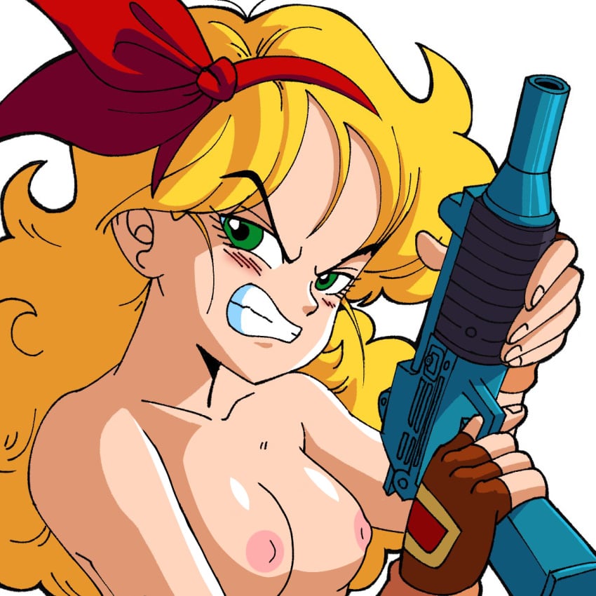 bad_launch blonde_female blonde_hair blonde_hair_female breasts casual dragon_ball edit edited edited_image female female_focus female_only firearm green_eyes handgun handwear human kolsan launch nude nude_edit nude_female pale_skin weapon