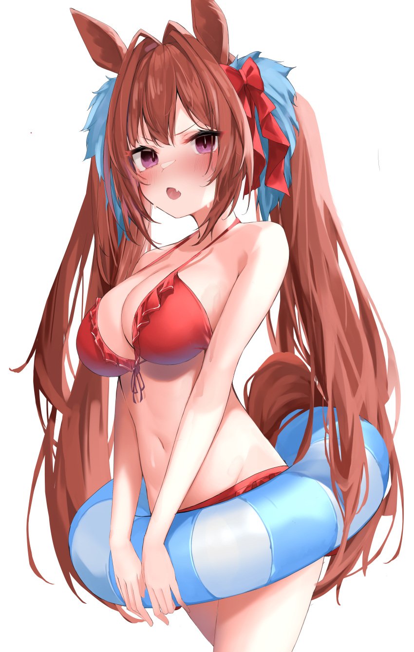 animal_ears bare_belly bare_chest bare_midriff bare_shoulders bare_skin bare_thighs bikini bikini_bottom bikini_only bikini_top blue_hair_ribbon blue_ribbon blush bow breasts brown_eyebrows brown_hair brown_hair_female cowboy_shot daiwa_scarlet_(trifle_vacation)_(umamusume) daiwa_scarlet_(umamusume) female frilled_bikini frilled_bikini_top frills frown frown_eyebrows frowning frowning_at_viewer general hair_intakes hair_ornament hair_ribbon hairbow halterneck horse_ears horse_girl innertube large_breasts long_hair navel nephthys2356 oerba_yun_fang official_alternate_costume open_mouth purple_eyes purple_eyes_female red_bikini red_bikini_bottom red_bikini_top red_eyes red_hair_ribbon red_ribbon red_string_bikini red_swimsuit red_swimwear ribbon s self_cosplay simple_background skin_fang solo stomach string_bikini sweat sweatdrop sweating swim_ring swimsuit swimwear tongue twintails umamusume v-shaped_eyebrows very_long_hair white_background