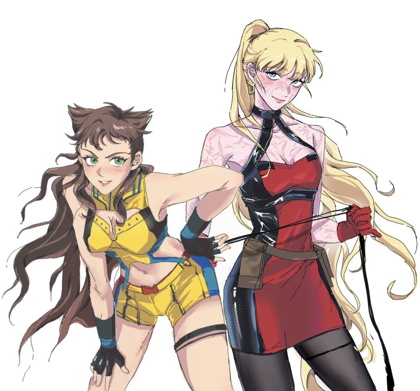 2girls adapted_costume bent_over black_pantyhose blonde_hair blue_eyes blush breasts brown_hair cleavage closed_mouth crutch_c deadpool_&_wolverine_(2024) dress female fingerless_gloves genderswap_(mtf) gloves green_eyes hand_on_own_hip hand_on_own_thigh highres lady_deadpool long_hair looking_at_viewer marvel marvel_cinematic_universe marvel_comics medium_breasts multiple_girls navel pantyhose ponytail red_dress red_gloves rule_63 scar scars_all_over shorts simple_background sleeveless smile teeth two-tone_dress very_long_hair white_background wolverine_(x-men) x-men yellow_shorts