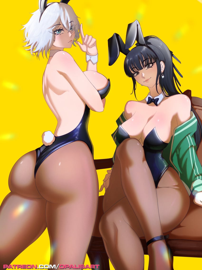 2girls ass ass_bigger_than_head big_ass big_breasts black_eyes black_hair blue_eyes breasts bunny_ears bunny_girl bunnysuit crossover eve_(stellar_blade) female female_only huge_ass large_ass large_breasts multiple_girls nier nier:_automata nier_(series) opalisart ponytail stellar_blade white_hair yorha_2b