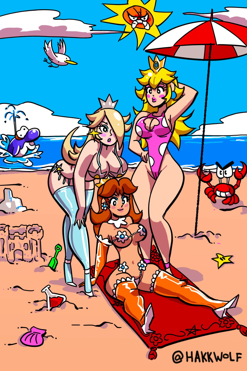 3girls beach breasts crab crustacean dolphin female female_only hakkwolf mario_(series) nintendo princess_daisy princess_peach princess_rosalina seagull sun super_mario_bros. trio