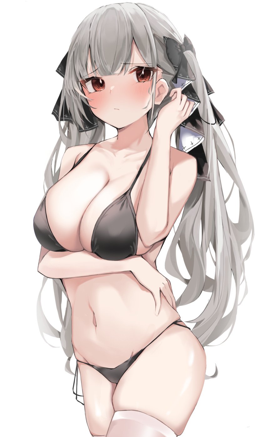 1girls absurd_res absurdres azur_lane bare_arms bare_belly bare_chest bare_midriff bare_shoulders bare_skin bare_thighs belly belly_button bikini bikini_bottom bikini_only bikini_top black_bikini black_bikini_bottom black_bikini_top black_hair_ribbon black_ribbon black_string_bikini black_swimsuit black_swimwear blush blush_lines blushing_at_viewer blushing_female breasts cleavage closed_mouth collarbone dot_nose elbows embarrassed embarrassed_female eyebrows_visible_through_hair female female_focus female_only fingers formidable_(azur_lane) grey_hair grey_hair_female groin hair_ribbon hand_on_own_waist hand_on_waist hand_up high_resolution highres hourglass_figure large_breasts legs light-skinned_female light_skin long_hair looking_at_viewer navel nephthys2356 pussy red_eyes red_eyes_female ribbon royal_navy_(azur_lane) shiny_skin shoulders silver_hair silver_hair_female simple_background slender_body slender_waist slim_girl slim_waist solo standing string_bikini swimsuit swimwear thick_thighs thighhighs thighs thin_waist twintails twintails_(hairstyle) upper_body v-line white_background white_thighhighs wide_hips