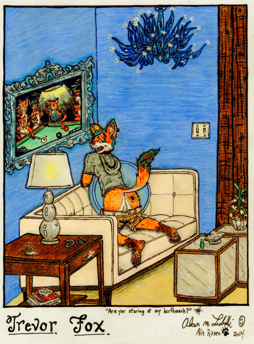 1boy 2014 alinraven anthro anus ass balls canine clothing ear_piercing fox fur hair inside lamp looking_at_viewer looking_back male male_only mammal orange_fur painting pants pants_down paws piercing pool_table presenting presenting_hindquarters rear_view room smile smoking sofa solo traditional_media_(artwork) trevor_fox