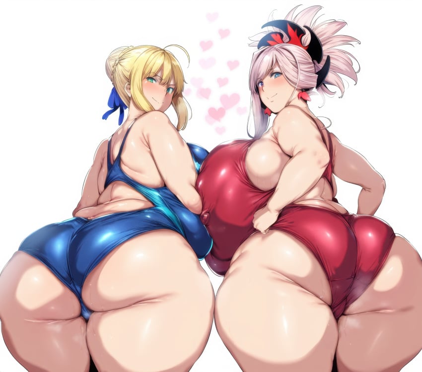 artoria_pendragon big_breasts fate/grand_order fate_(series) miyamoto_musashi_(fate) two_girls