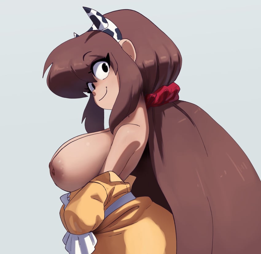 areolae bare_shoulders brown_hair coolerinker headband huge_breasts inker_comics inkershike long_hair mona_(inker_comics) nipples original_character undressing yellow_dress